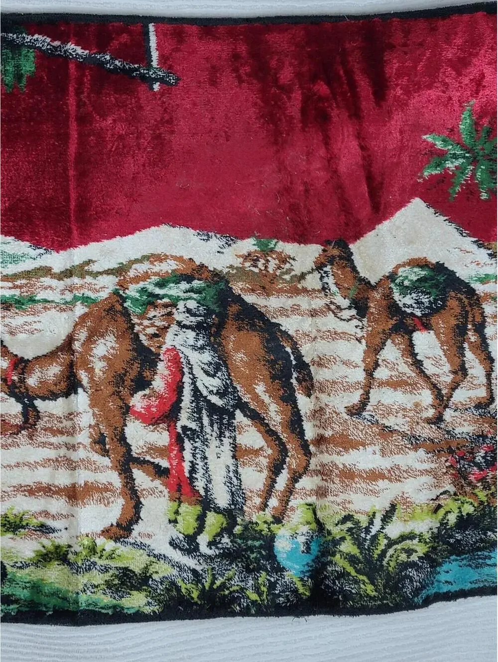 Vtg Velvet Tapestry Woven Cotton Wall Art 44x20” Rectangle Desert Scene Camels